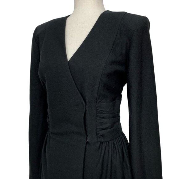 Leslie Lucks Vintage 80s Wool Blend Black Faux Wrap Midi Dress Size 12 - Picture 4 of 9